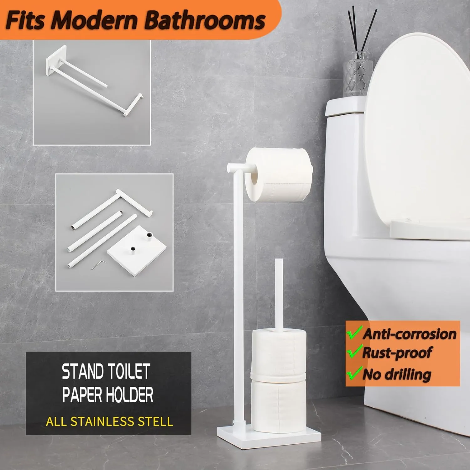 GERZWY Bathroom Toilet Paper Holder Stand SUS 304 Stainless Steel Modern Free Standing Paper Towel Holder, White