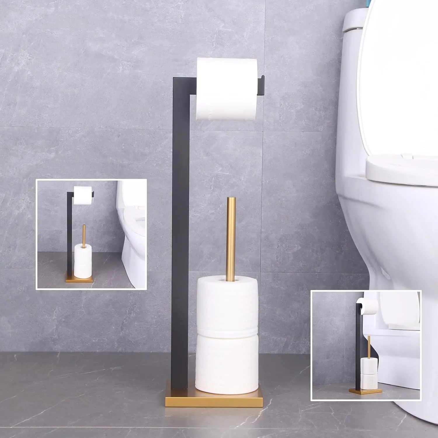 GERZWY Free Standing Toilet Paper Holder, SUS 304 Stainless Steel Toilet Paper Stand with Reserve (Black & Gold) DZY004-BD