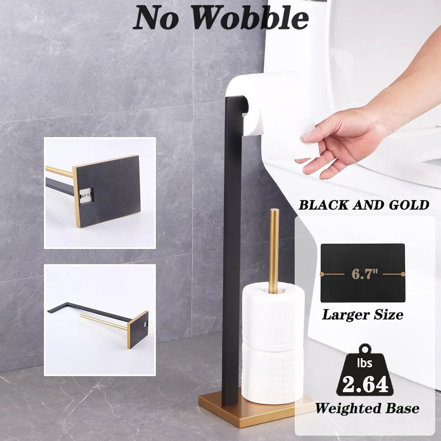 GERZWY Free Standing Toilet Paper Holder, SUS 304 Stainless Steel Toilet Paper Stand with Reserve (Black & Gold) DZY004-BD
