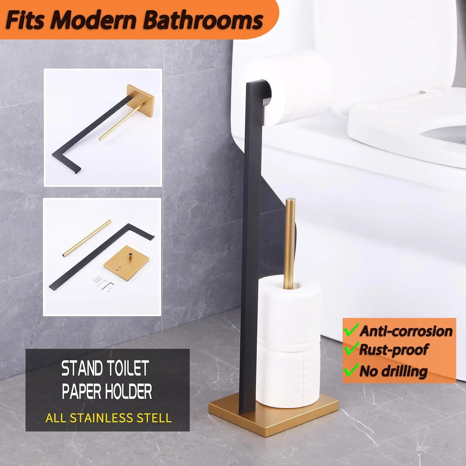 GERZWY Free Standing Toilet Paper Holder, SUS 304 Stainless Steel Toilet Paper Stand with Reserve (Black & Gold) DZY004-BD