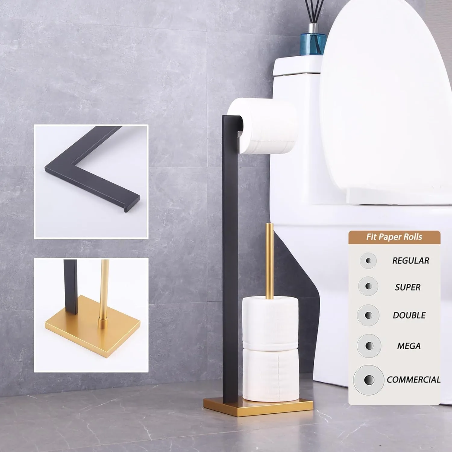 GERZWY Free Standing Toilet Paper Holder, SUS 304 Stainless Steel Toilet Paper Stand with Reserve (Black & Gold) DZY004-BD