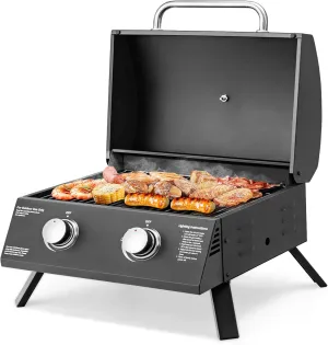 Giantex Portable Gas Grill, 2 Burners Max. 20,000 BTUs total, Tabletop Propane Grill with Built-in Thermometer, Folding Legs, Grease Collector, Camping Gas Grill for Out Cooking Picnic RV BBQ, Black