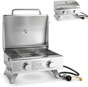 Giantex Portable Gas Grill with 2 Burner, Max. 20,000 BTU total, Folding Legs, Built-in Thermometer, Travel Locks, Stainless Steel Tabletop Propane Gas Grill for Camping Picnic Cookout RV BBQ