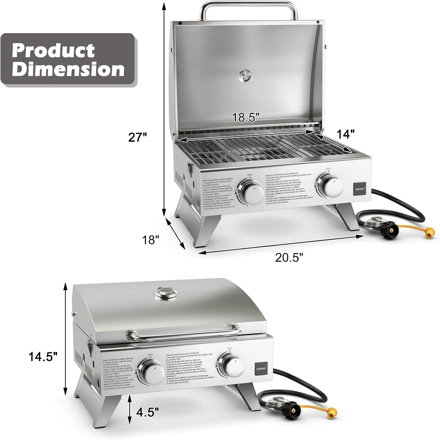 Giantex Portable Gas Grill with 2 Burner, Max. 20,000 BTU total, Folding Legs, Built-in Thermometer, Travel Locks, Stainless Steel Tabletop Propane Gas Grill for Camping Picnic Cookout RV BBQ