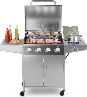 Giantex Propane Gas Grill with 4 Main Burners and 1 Side Burner, total 50,000 BTU, Stainless Steel Heavy-Duty BBQ Grill with 2 Prep Tables, 4 Wheels, Cabinet for Propane Tank, Outdoor Cooking