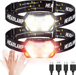 GOANDO 2500 Lumen LED Headlamp - Rechargeable Head Light with Red Light Sensor for Running, Cycling, Camping - Waterproof, 2 Pack