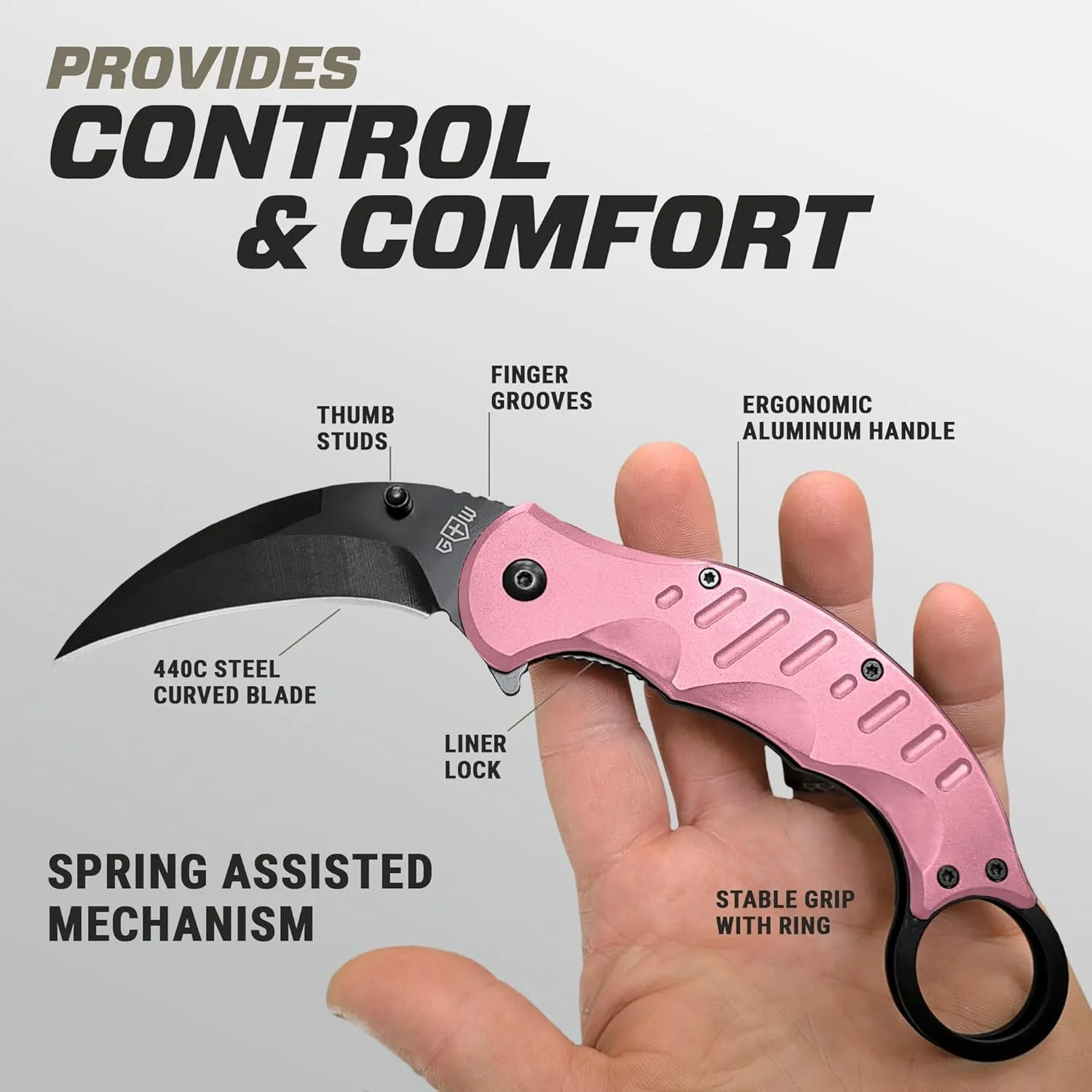 GOOD WORKER Pink Karambit Folding Knife - SharpTiger Claw Blade with Liner Lock and Aluminum Handle - Best Pocket Knives for Military Hunting Camping EDC for Men - Gifts for Women X-42 P