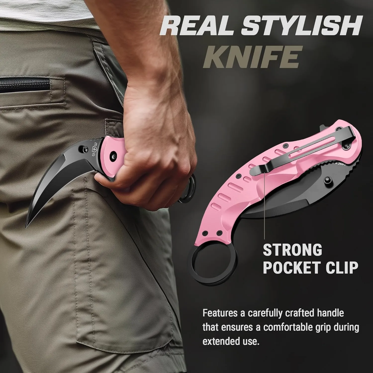 GOOD WORKER Pink Karambit Folding Knife - SharpTiger Claw Blade with Liner Lock and Aluminum Handle - Best Pocket Knives for Military Hunting Camping EDC for Men - Gifts for Women X-42 P