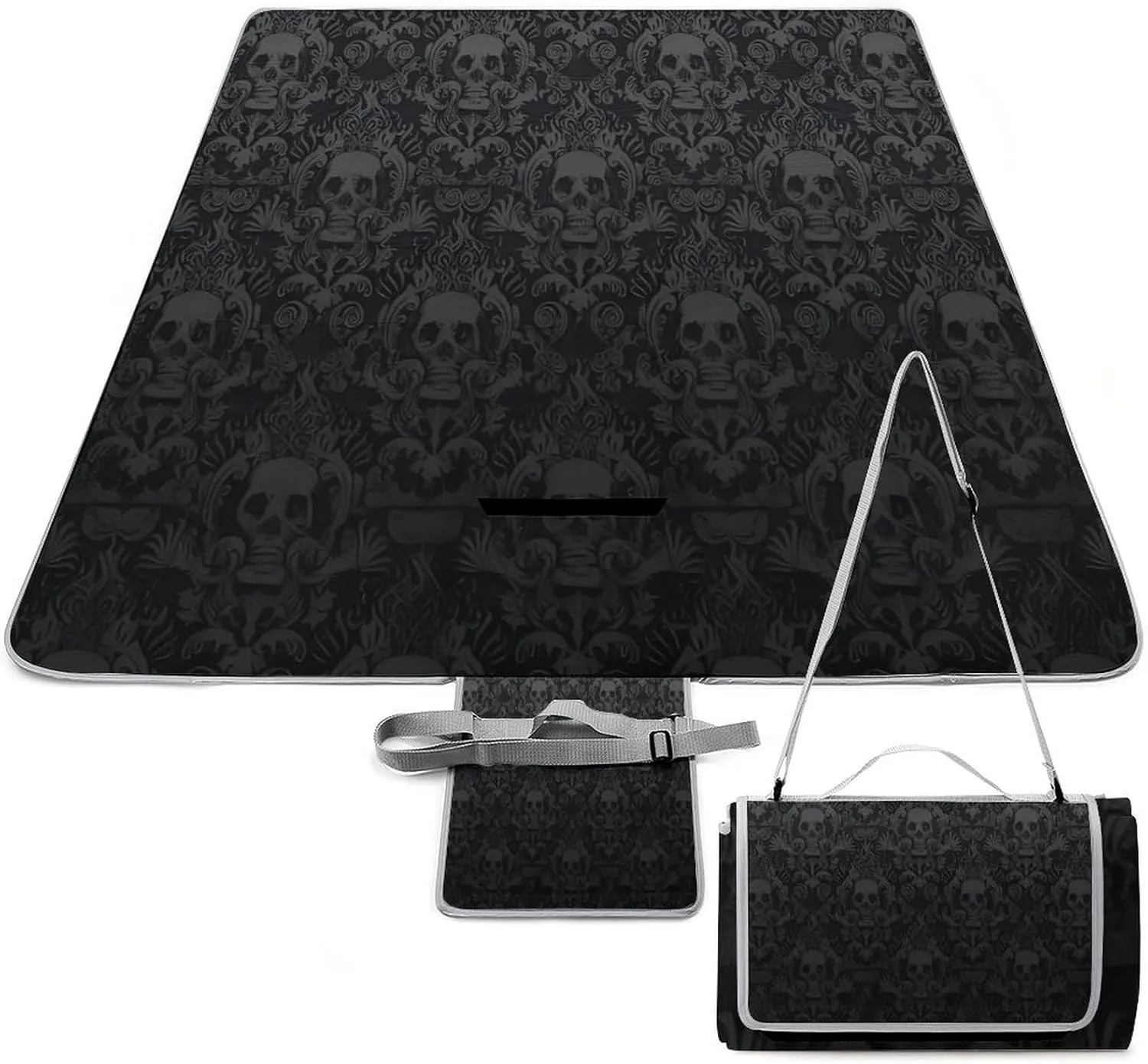Goth Gothic Black Skull Damask Waterproof Outdoor Picnic Blanket Sandproof Beach Mat for Camping Hiking Grass Travelling, 58.3x58.3in