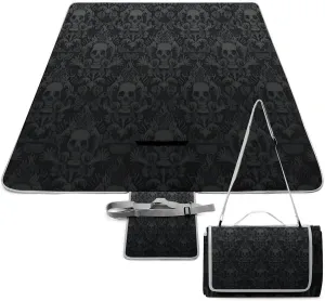 Goth Gothic Black Skull Damask Waterproof Outdoor Picnic Blanket Sandproof Beach Mat for Camping Hiking Grass Travelling, 58.3x58.3in