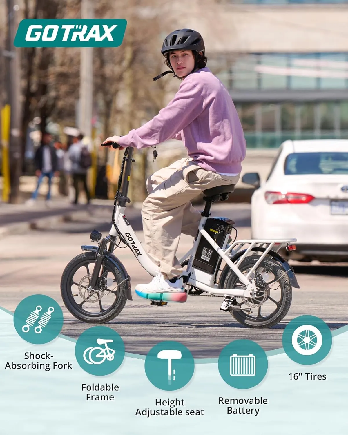 Gotrax 16" Folding Electric Bike, Max 28Miles Range(Pedal-Assist) & Speed 15.5Mph Power by Peak 500W, E-Bike with Removable Battery, Suspension & Adjustable Size, Commuter Bicycle for Adults/Teens