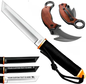 Grand Way Tanto Camping Knife with Sheath – 3  Colors – 5.9" Fixed Full Tang Mirror Polished Blade – Pocket Knife – Best Knife with Wood Handle Clip