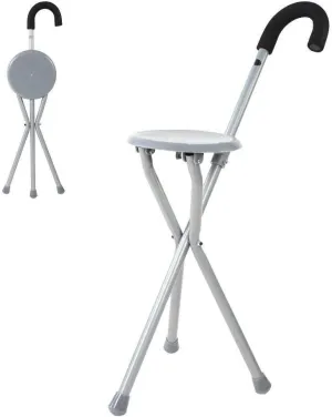 Gray Walking Stick Chair, Uni Metal Adjustable Portable Folding Walking Stick Chair Seat Stool Iron Pipe Cane Stool Cane Chair Stool Trekking Pole for Travel Crutches