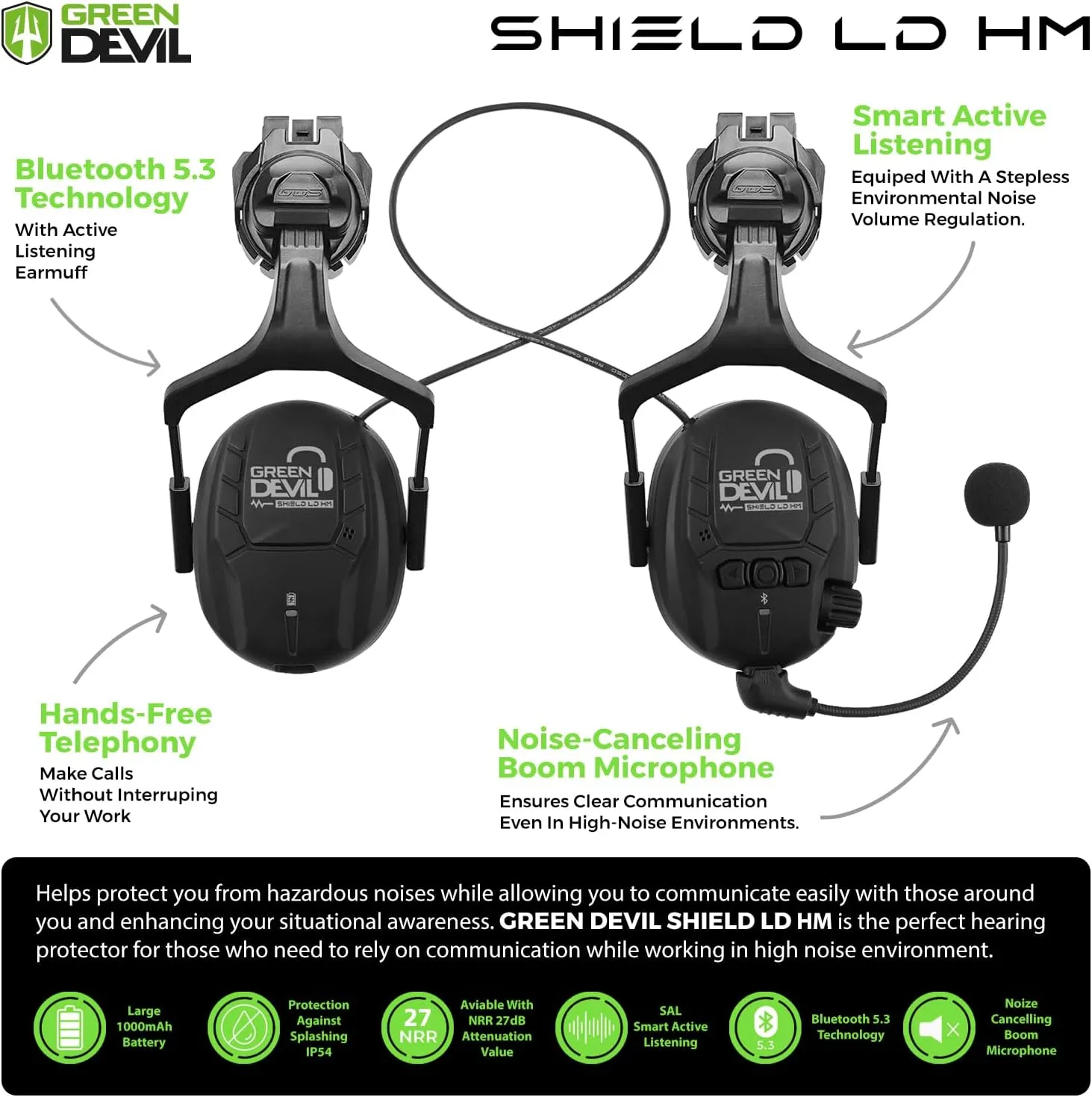 GREEN DEVIL Hard Hat Safety Helmet with Visor Bluetooth Ear Muffs and Headlamp 5 in 1 Full Protection Vented Work Hardhat ANSI Z89.1 Cascos De Construccion for Industrial Construction Forestry