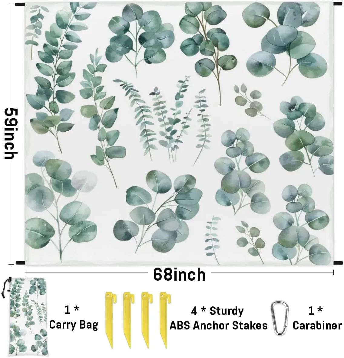 Green Eucalyptus Leaves Beach Blanket, Sandproof Beach Mat, Adults Waterproof Quick Drying Sand Free Mat with 4 x Ground Spikes for Outdoor Travel Camping Hiking, Eucalyptus Leaves