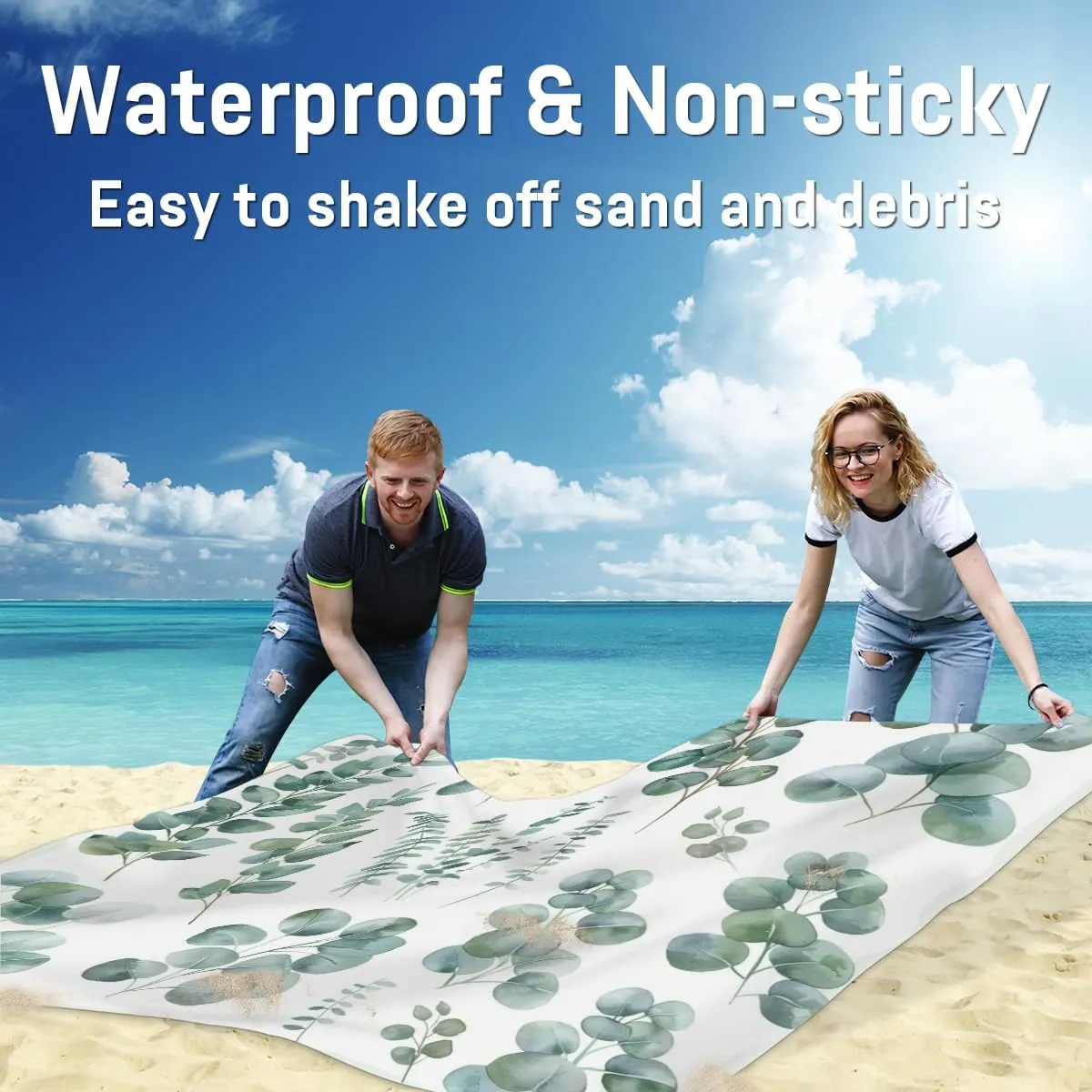 Green Eucalyptus Leaves Beach Blanket, Sandproof Beach Mat, Adults Waterproof Quick Drying Sand Free Mat with 4 x Ground Spikes for Outdoor Travel Camping Hiking, Eucalyptus Leaves