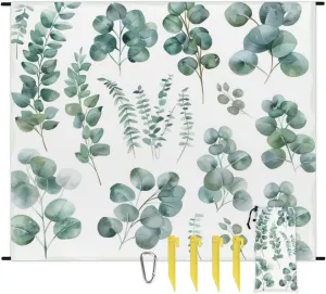 Green Eucalyptus Leaves Beach Blanket, Sandproof Beach Mat, Adults Waterproof Quick Drying Sand Free Mat with 4 x Ground Spikes for Outdoor Travel Camping Hiking, Eucalyptus Leaves