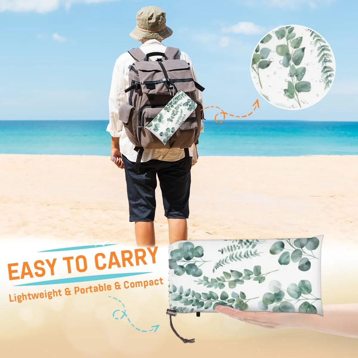 Green Eucalyptus Leaves Beach Blanket, Sandproof Beach Mat, Adults Waterproof Quick Drying Sand Free Mat with 4 x Ground Spikes for Outdoor Travel Camping Hiking, Eucalyptus Leaves