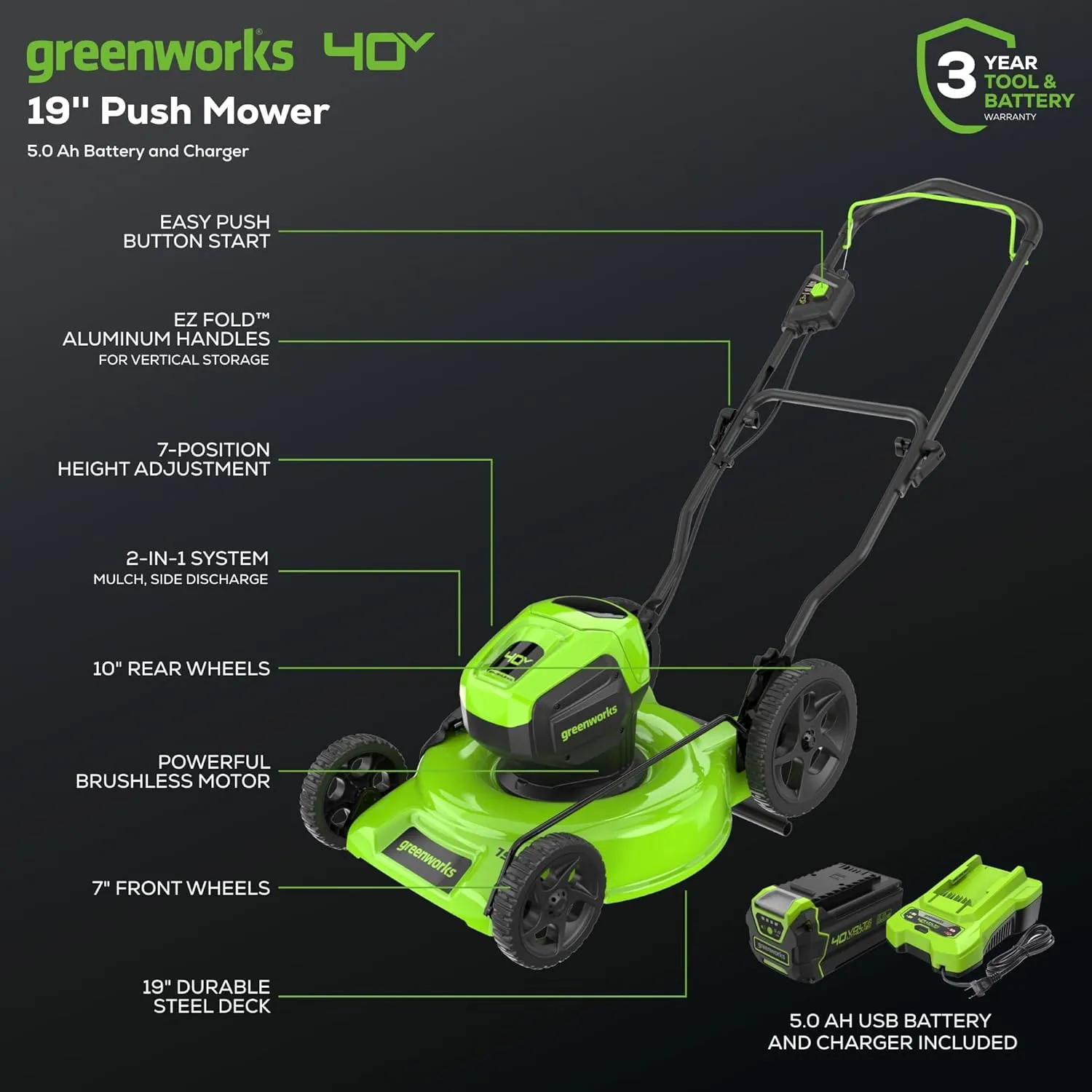 Greenworks 40V 19" Brushless Lawn Mower (High Wheel), 5.0Ah Battery