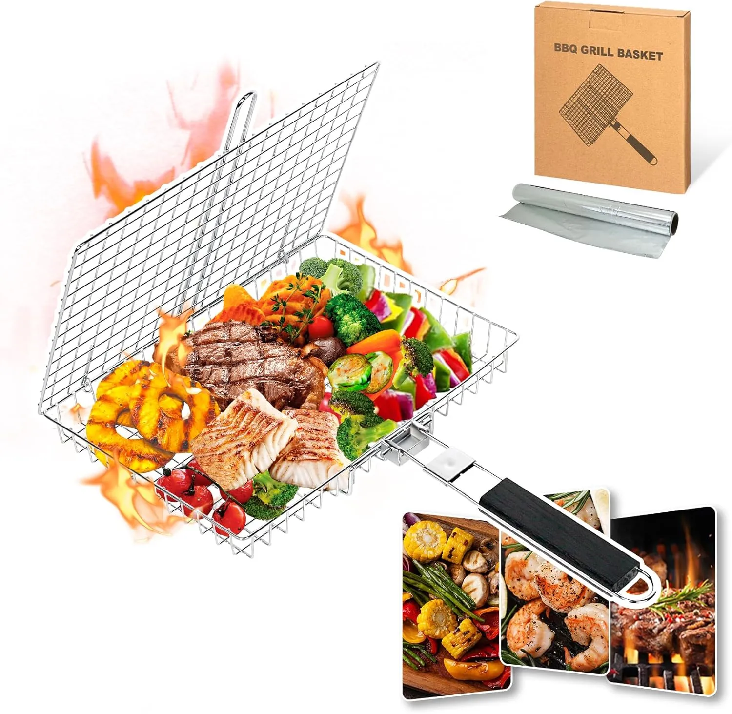 Grill Basket Barbecue BBQ Grilling Basket for Fish Stainless Steel Large Grilling Baskets With Removable Handle for Fish Vegetables Chicken Shrimp Barbeque Griller Cooking Accessories Outdoor
