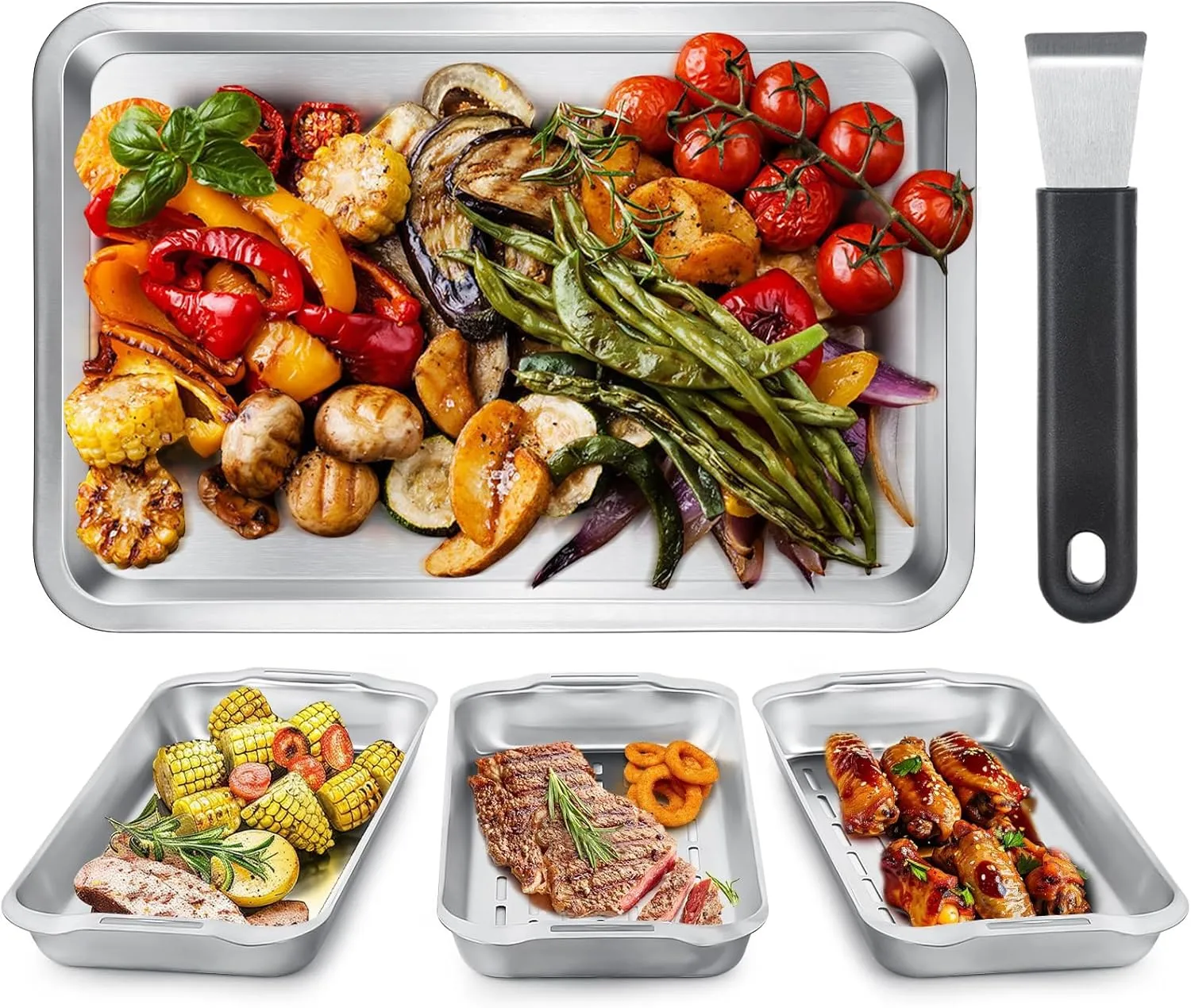 Grill Basket Set, 3-Piece Stainless Steel Grill Topper Pans for Outdoor Grill with BBQ Prep Tray, Grilling Baskets Barbecue Accessories for Vegetables, Fish, Meat, and Seafood