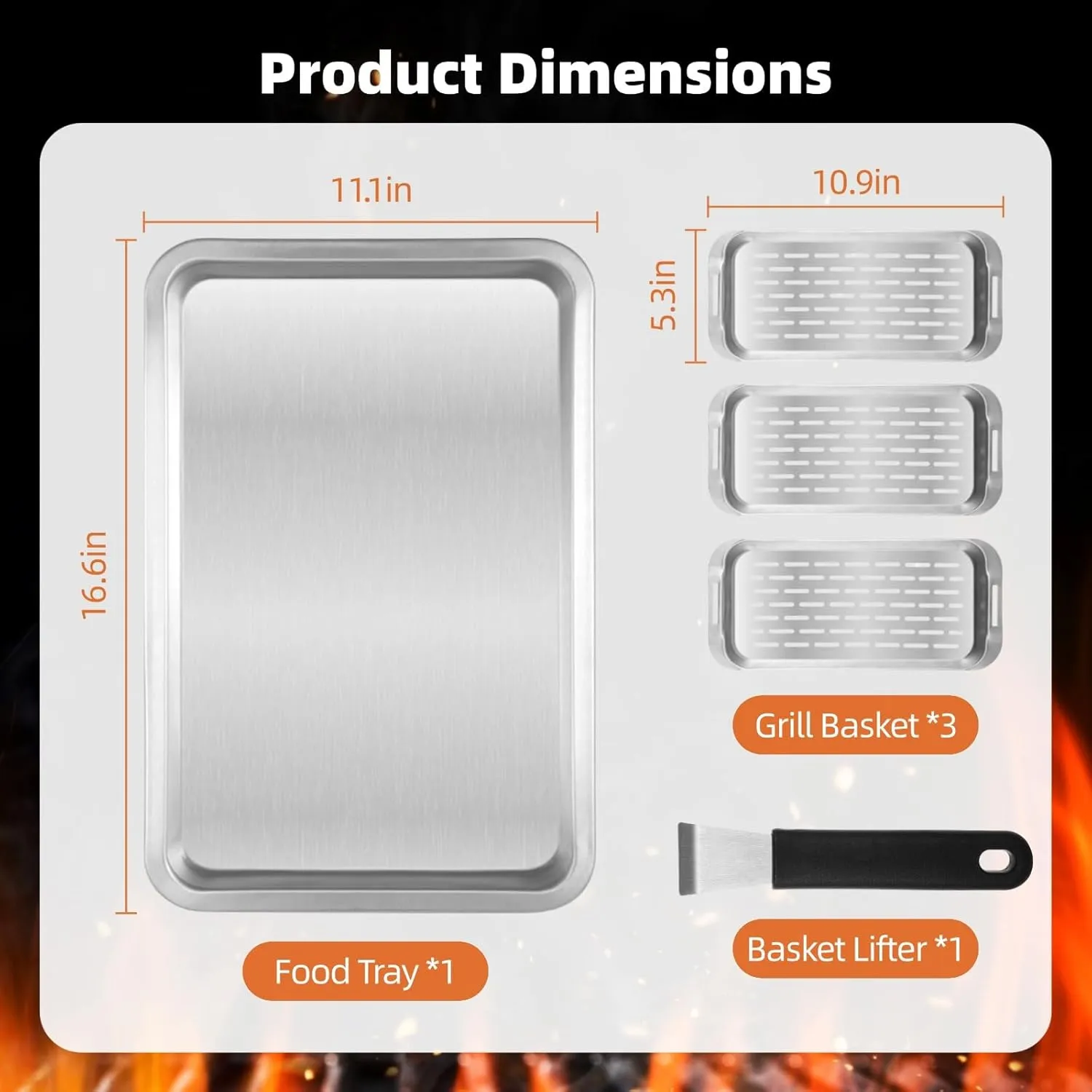 Grill Basket Set, 3-Piece Stainless Steel Grill Topper Pans for Outdoor Grill with BBQ Prep Tray, Grilling Baskets Barbecue Accessories for Vegetables, Fish, Meat, and Seafood