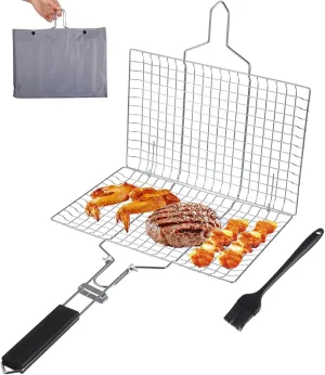Grill Basket - Stainless Steel BBQ Grilling Basket, Foldable BBQ Basket with Detachable Handle, Portable Barbecue Grid for Fish Steak Vegetable Shrimp Including Basting Brush & Storage Bag (32x22cm)