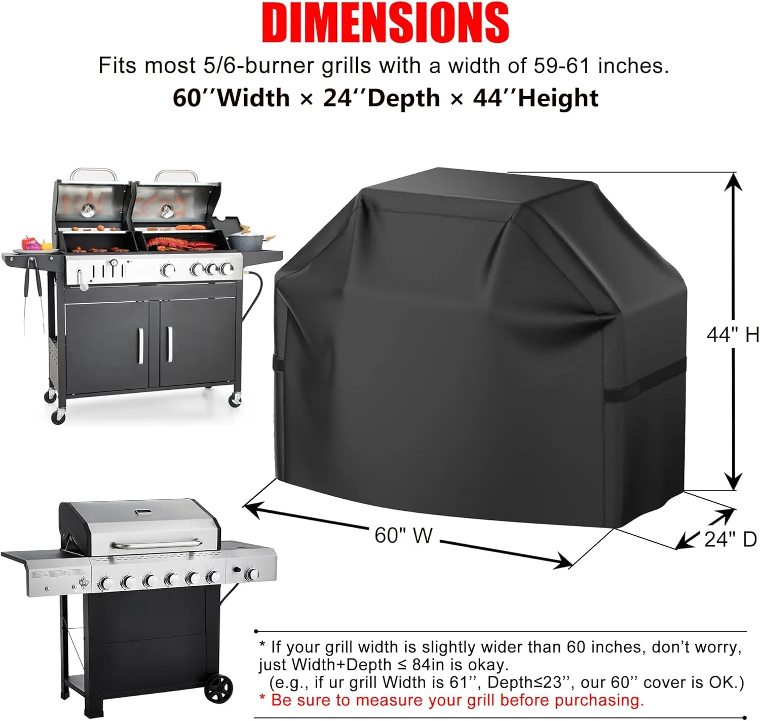Grill Cover, 60 inch Heavy Duty BBQ Gas Grill Cover for Outdoor Grill, Waterproof, Weather Resistant, Anti-UV, Rip-Proof, Fade Resistant Barbecue Cover with Hook-and-Loop Straps for Most Grills