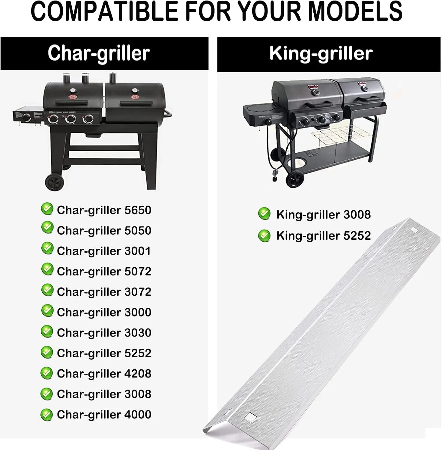 Grill Parts for Char-griller Replacement Parts, Chargriller 5050, 5650, 3001, 3072, 5072, 3030, 3008, 5252, 3000, 4000, King-griller 3008, 5252, Heat Plate, Burner Tubes, Ignitor, Hanger Brackets.