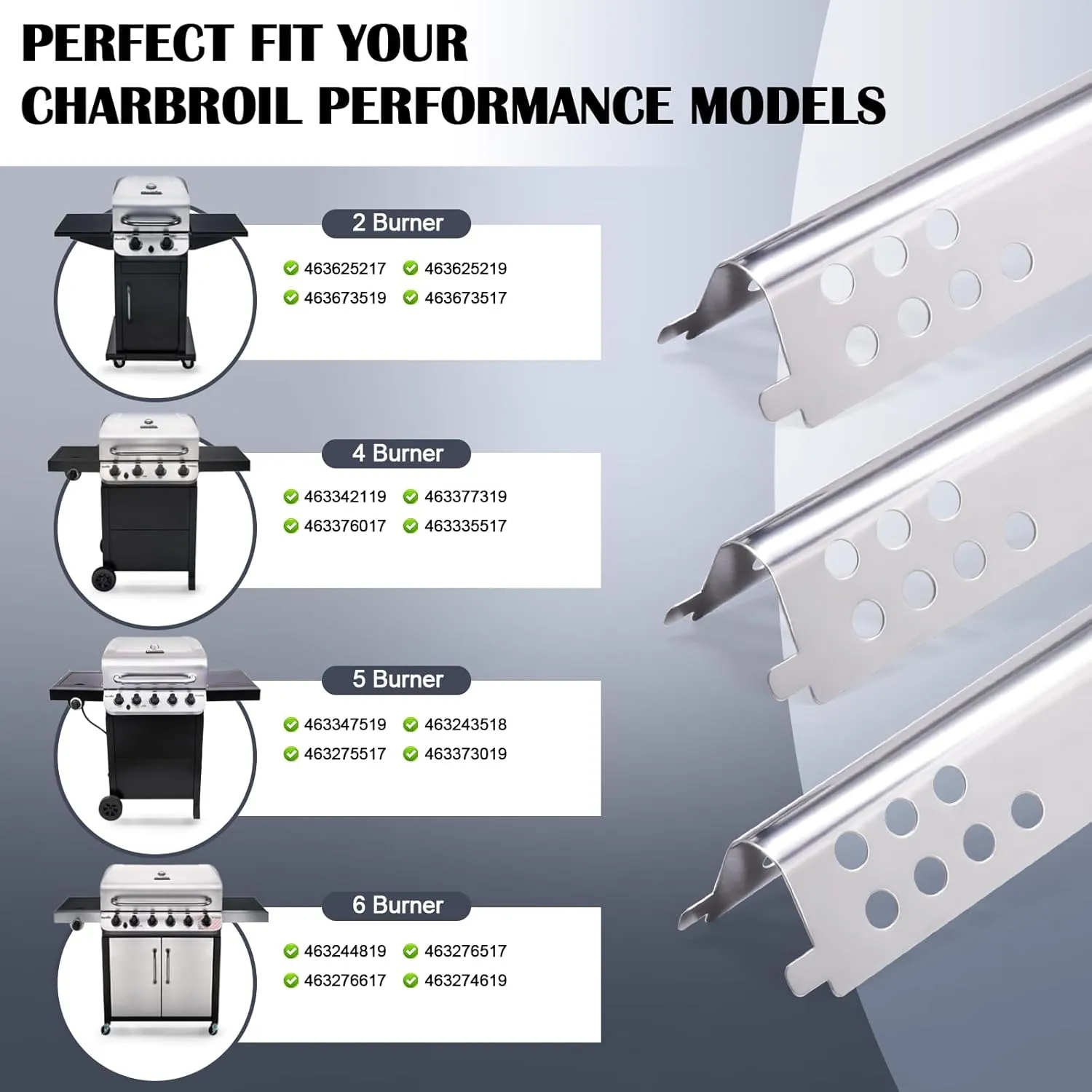 Grill Replacement Parts for Char-Broil Performance 463342119, 463377319, 463376017, 463347017, 463335517, 463332718, 463376519, 463349917, 463625217. Charbroil Performance 4 Burner Gas Grill Parts.
