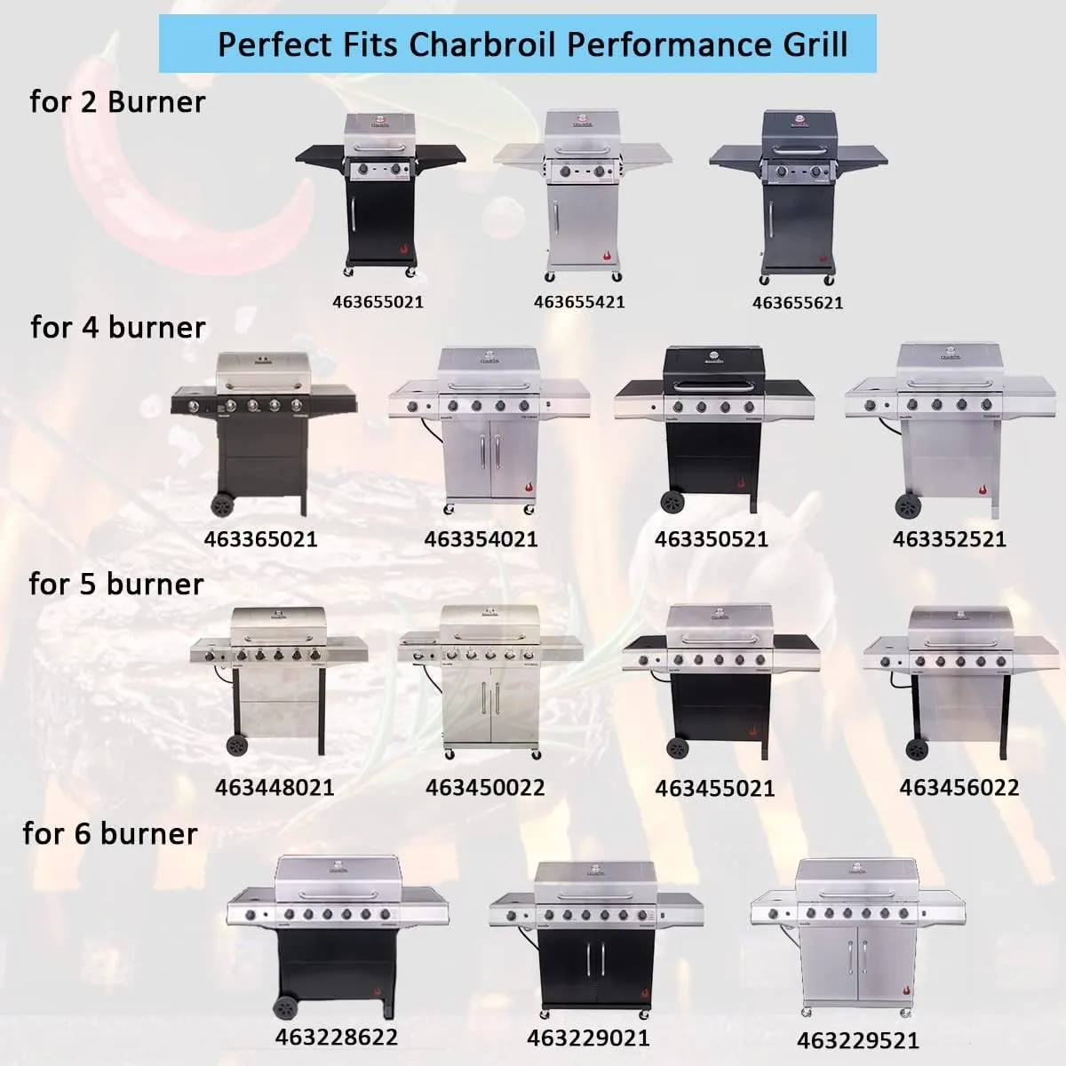 Grill Replacement Parts for Charbroil Performance 5 Burner 463448021 463450022 463451022, 4 Burner 463365021, 463366022 463352521, G325-0002-W1 Heat Plate, G327-2100-W1 Burner, Igniter, Crossover Tube