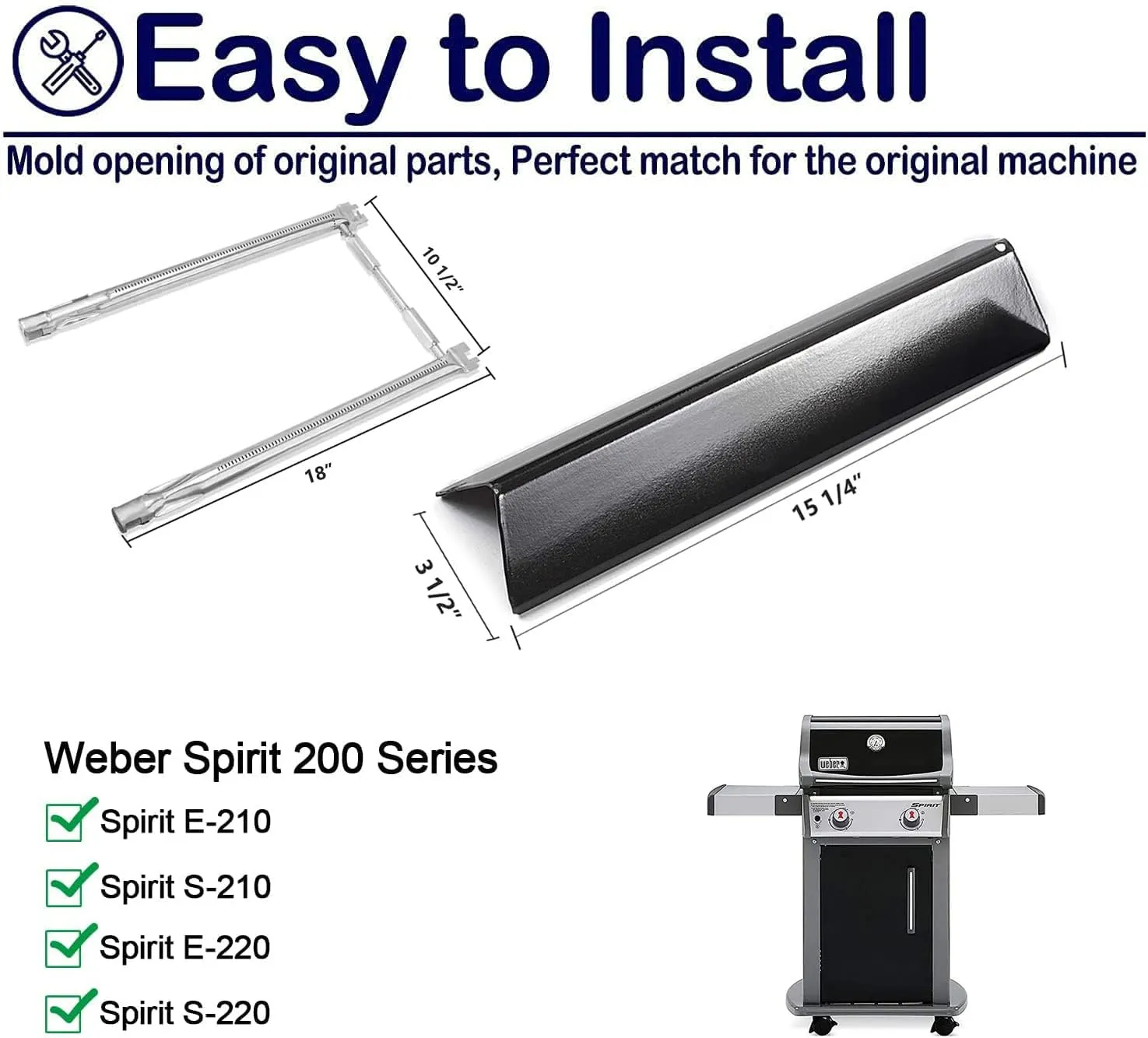 Grill Replacement Parts for Weber Spirit 200, Spirit E210 E220 S210 S220, Spirit II E-210, 15.3 Inch Porcelain Steel Flavorizer Bars part # 7635, Burner Tube # 69785 Heat Plate