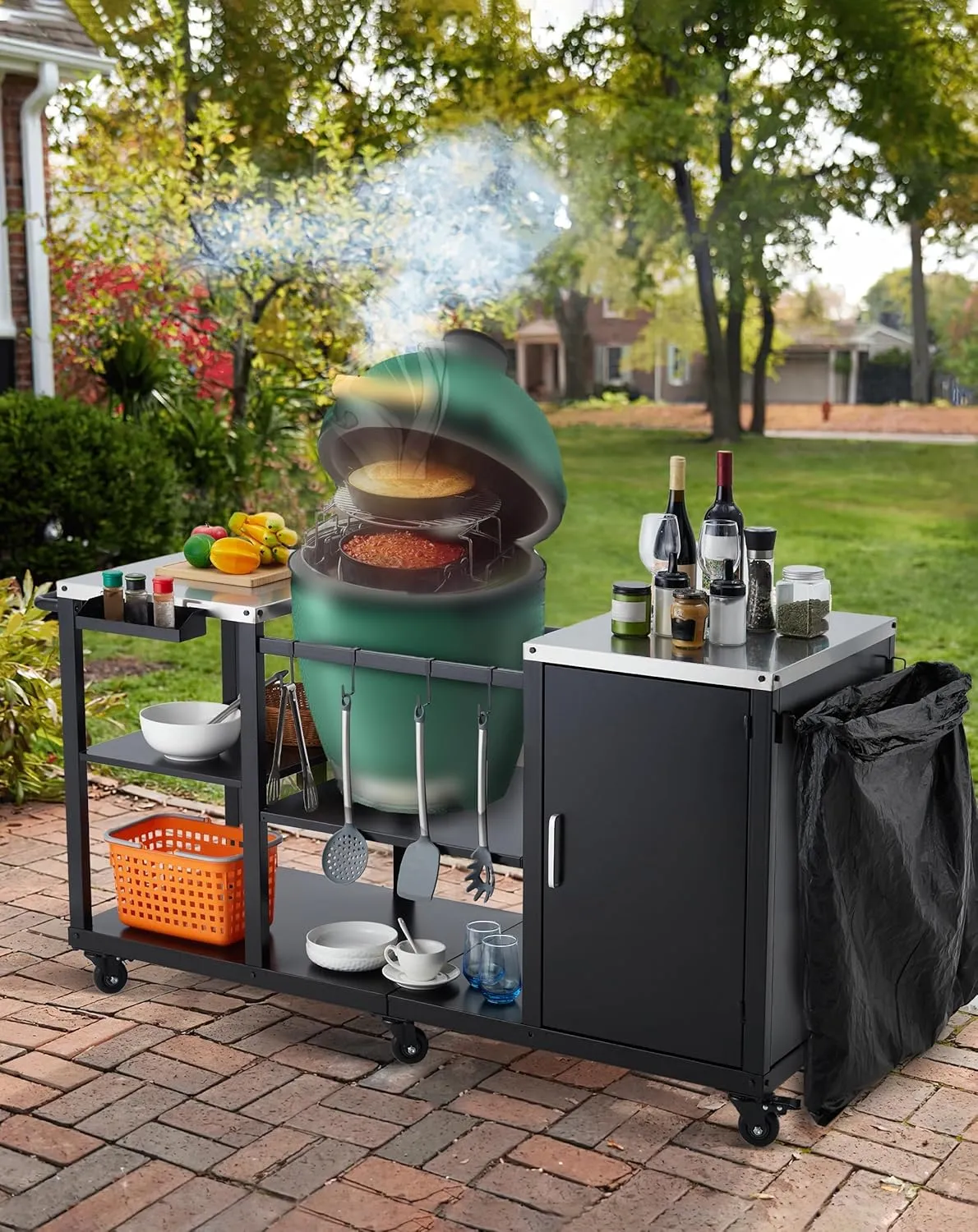 Grill Table for Big Green Egg Style BBQ, Heavy Duty Metal Outdoor Grill Station Prep Table with Storage,Metal Grill Cart with Stainless Steel Top, Storage Cabinet, Outdoor Kitchen Island