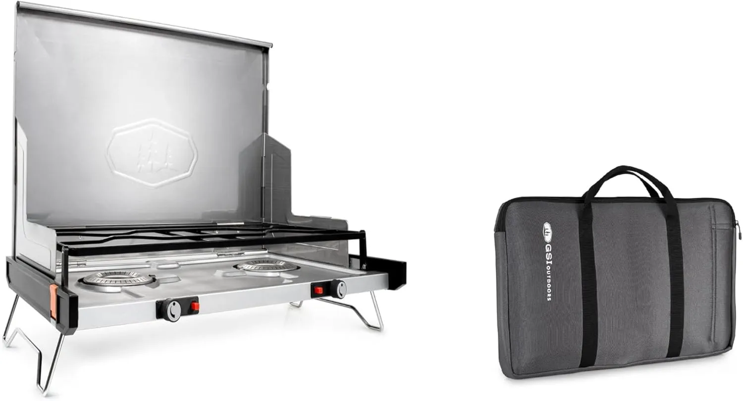 GSI Outdoors Pinnacle Pro 2 Burner Propane Camping Stove (20" x 12.4" x 1.4") with Pinnacle Pro Stove Bag (25" x 15" x 1.5") – Ultra-Portable Folding Design