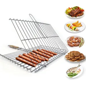Hakan Lockable Grill Basket 11.8 x 15.8-inch Stainless Steel with Wooden Handle