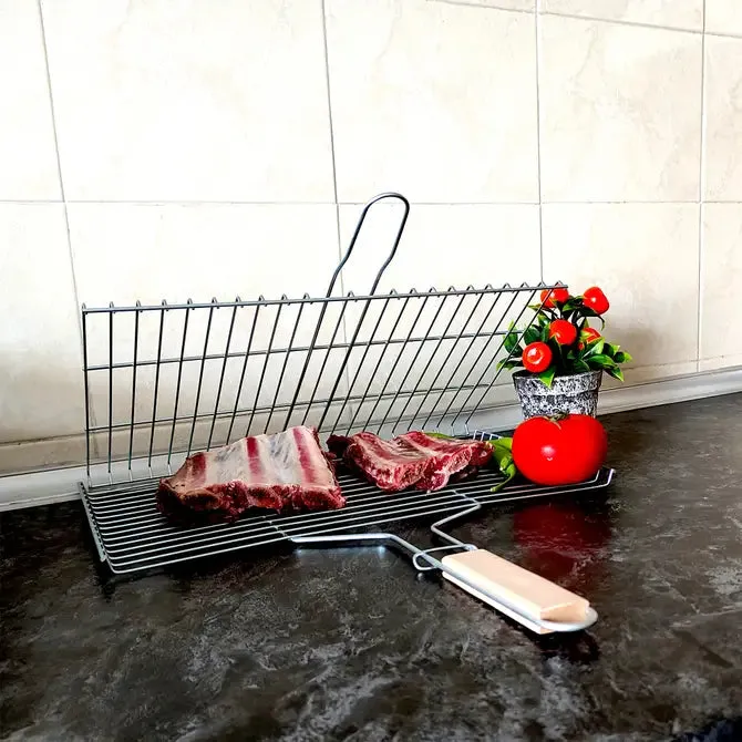 Hakan Lockable Grill Basket 11.8 x 15.8-inch Stainless Steel with Wooden Handle