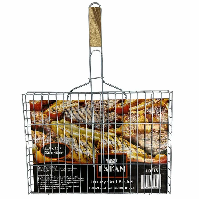 Hakan Lockable Grill Basket 11.8 x 15.8-inch Stainless Steel with Wooden Handle