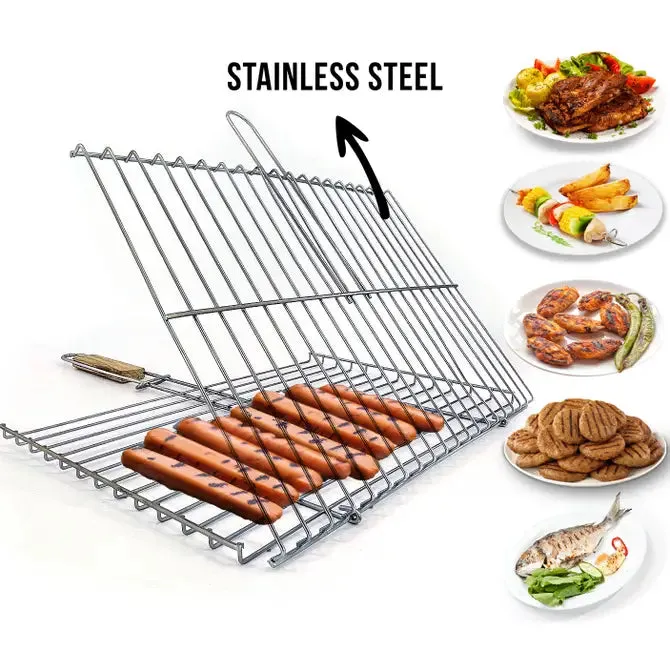 Hakan Lockable Grill Basket 11.8 x 15.8-inch Stainless Steel with Wooden Handle