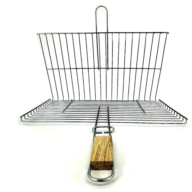 Hakan Lockable Grill Basket 11.8 x 15.8-inch Stainless Steel with Wooden Handle