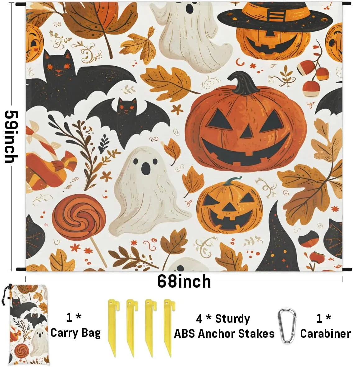 Halloween Lantern Pumpkin Beach Blanket, Sandproof Beach Mat, 68 x 59 Waterproof Quick Drying Sand Free Mat with 4 x Ground Spikes for Outdoor Travel Camping Hiking, Black Bats