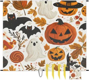 Halloween Lantern Pumpkin Beach Blanket, Sandproof Beach Mat, 68 x 59 Waterproof Quick Drying Sand Free Mat with 4 x Ground Spikes for Outdoor Travel Camping Hiking, Black Bats