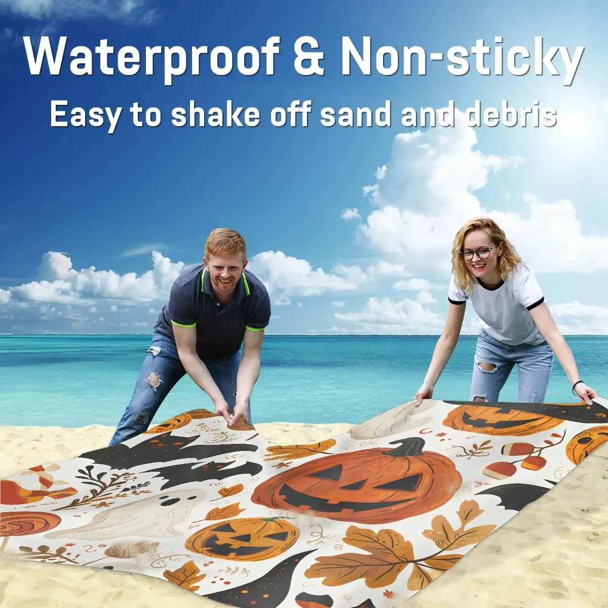 Halloween Lantern Pumpkin Beach Blanket, Sandproof Beach Mat, 68 x 59 Waterproof Quick Drying Sand Free Mat with 4 x Ground Spikes for Outdoor Travel Camping Hiking, Black Bats