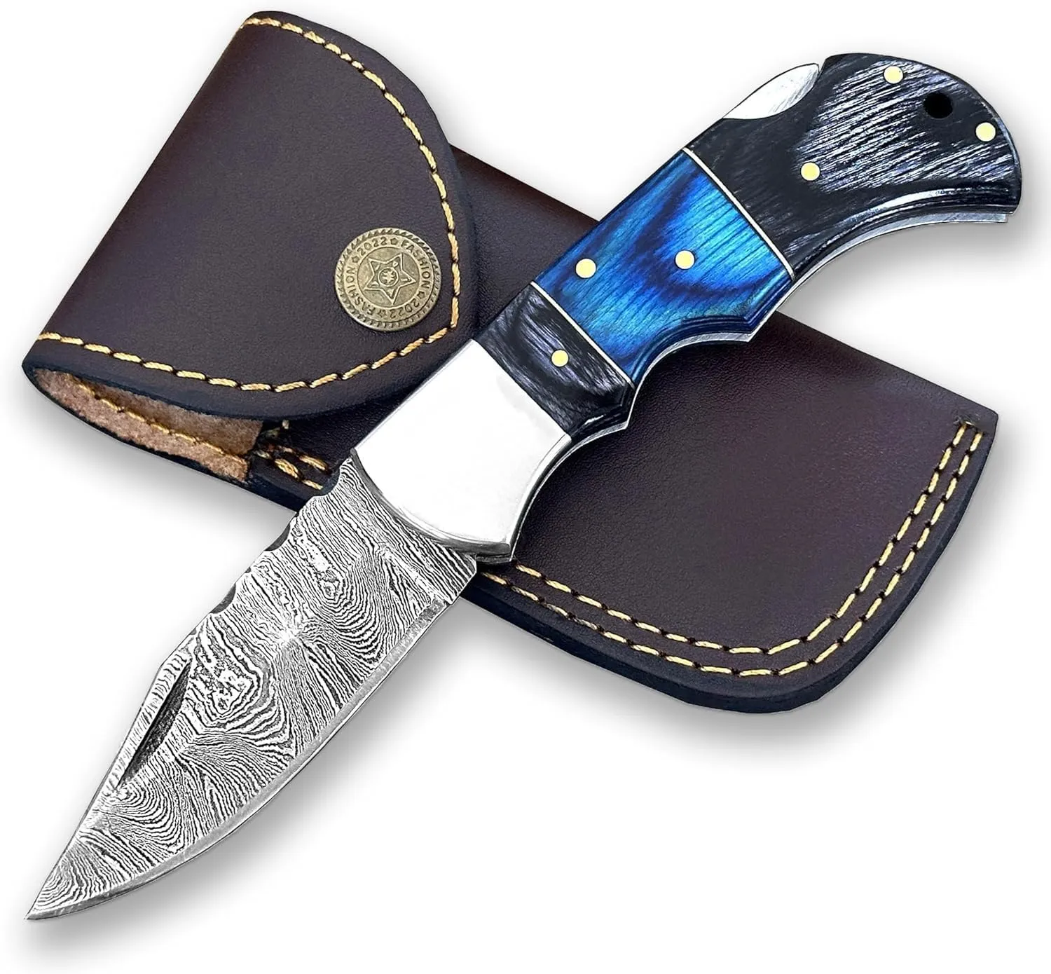 Hand-Forged Damascus Steel Pocket Knife, Damascus Steel Small EDC Knife for Men Women - Sharp Tactical Camping Survival Hiking Knife with Leather Sheath