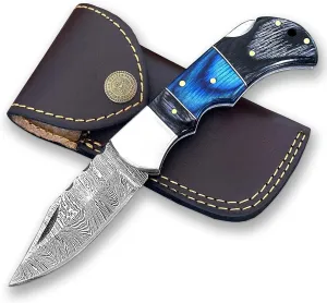 Hand-Forged Damascus Steel Pocket Knife, Damascus Steel Small EDC Knife for Men Women - Sharp Tactical Camping Survival Hiking Knife with Leather Sheath