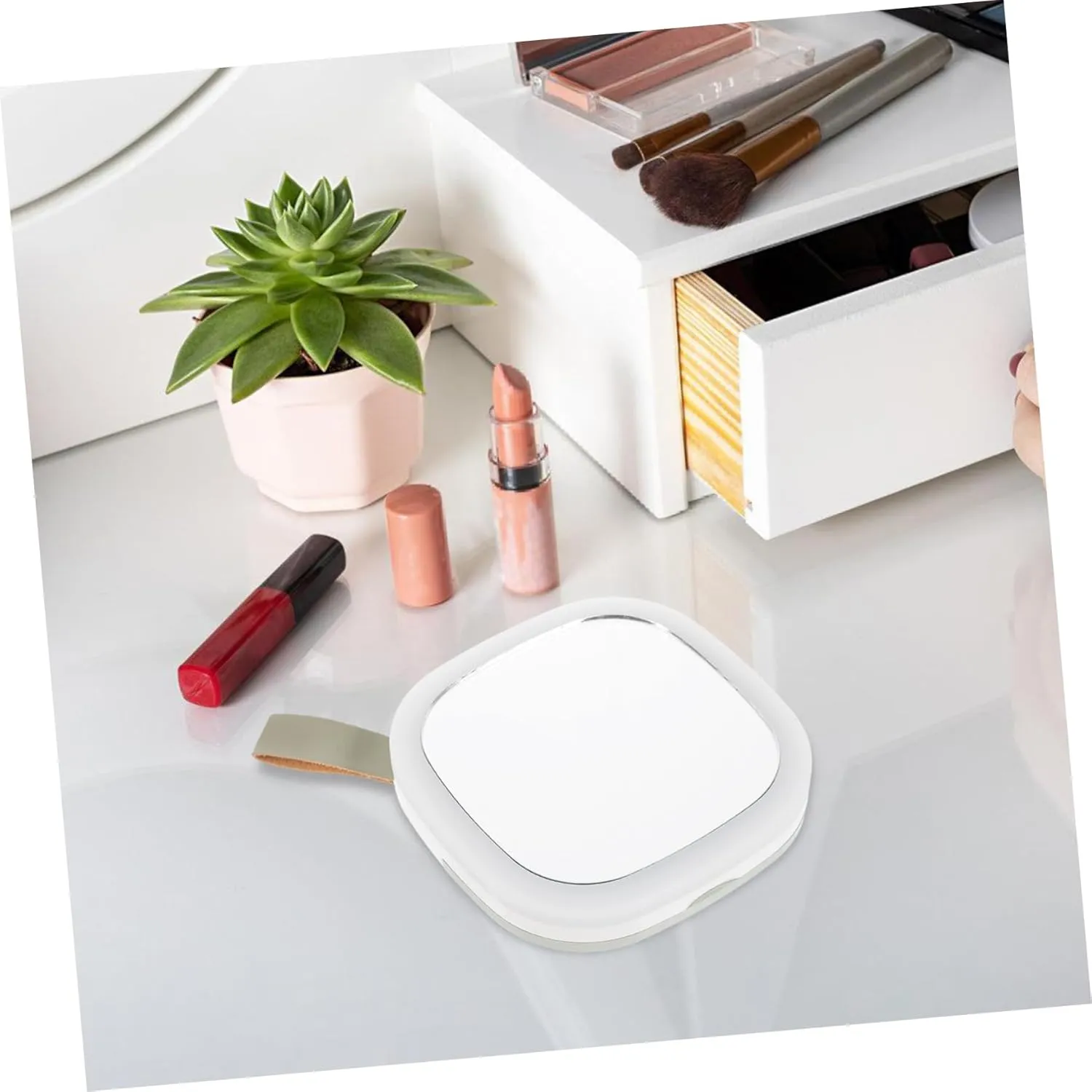Handheld Led Mirror Light Portable Compact Makeup Mirror with Travel Light Rechargeable Night