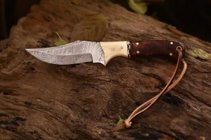 Handmade 8.25" Damascus Steel Hunting Knife – Bone & Rosewood Handle, Full Tang, Fixed Blade, Leather Sheath.Razor Sharp Blade.Bushcraft Outdoor Camping,Survival.