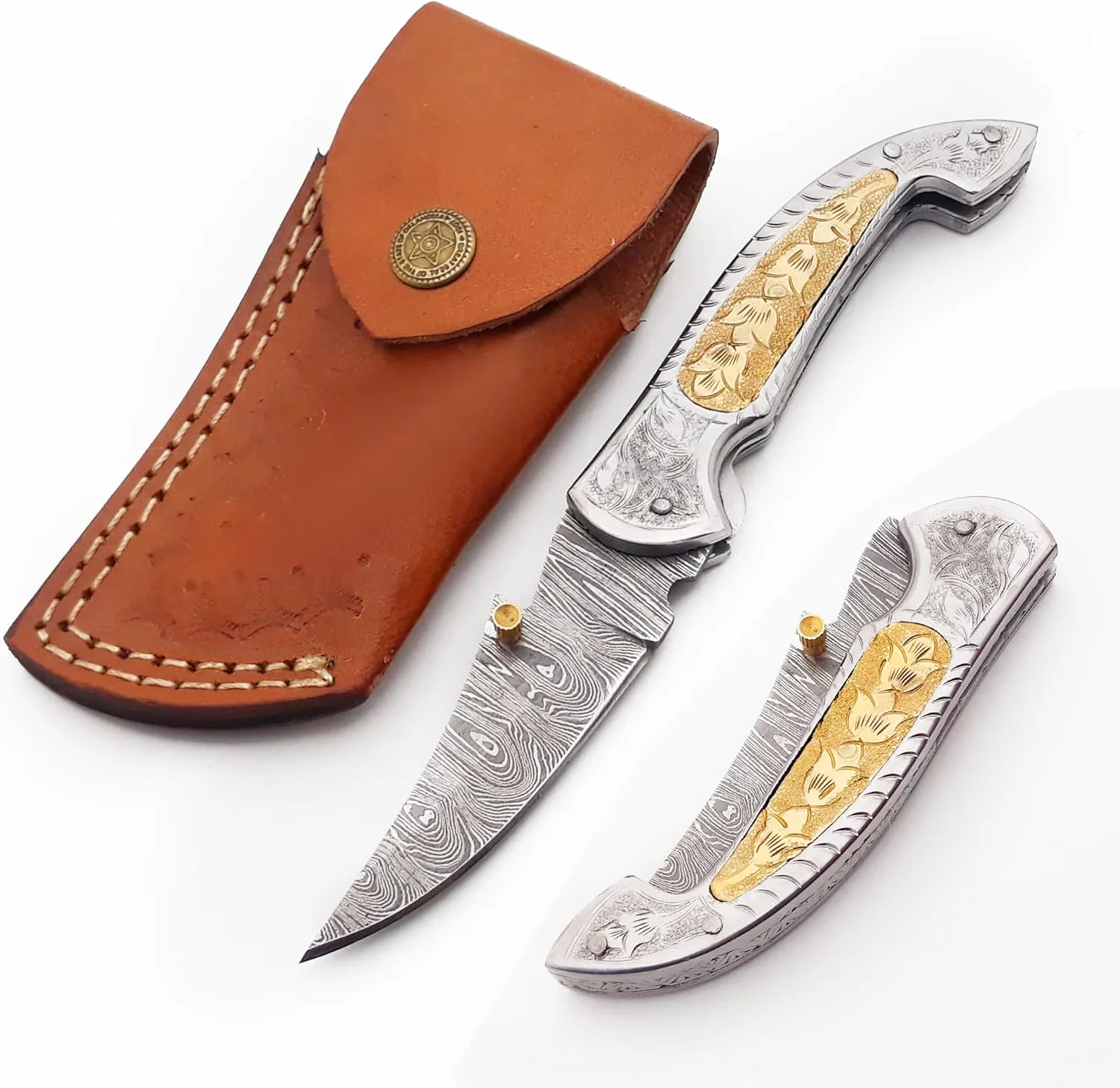 Handmade Damascus Pocket Knife for Men - 7.4 Inches Engraved Steel Damascus Folding Pocket Knife - Pocket Knives & Folding Knives with Sheath - EDC Knife Pocket