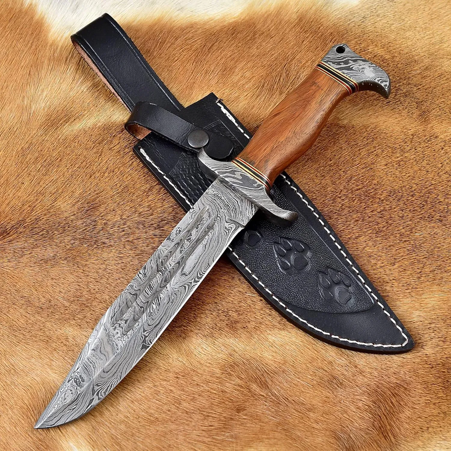 Handmade Damascus steel bowie knife with sheath Fixed blade hunting bowie knife for Survival Camping and Bushcraft 13inch Knife (BSCK-HK-1100)