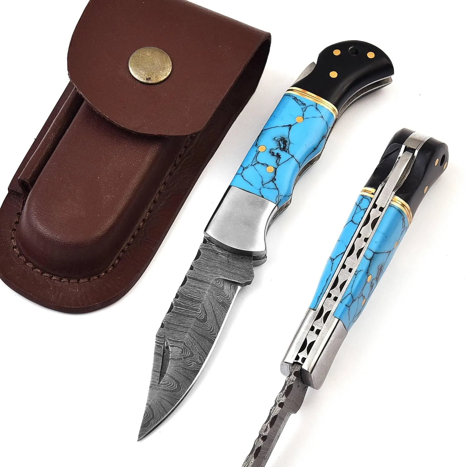 Handmade Damascus Steel Folding knife Hard wood & Bulf Pocket Knife Compact, Damascus Knife - Ideal for Outdoor, Survival, Camping & Everyday