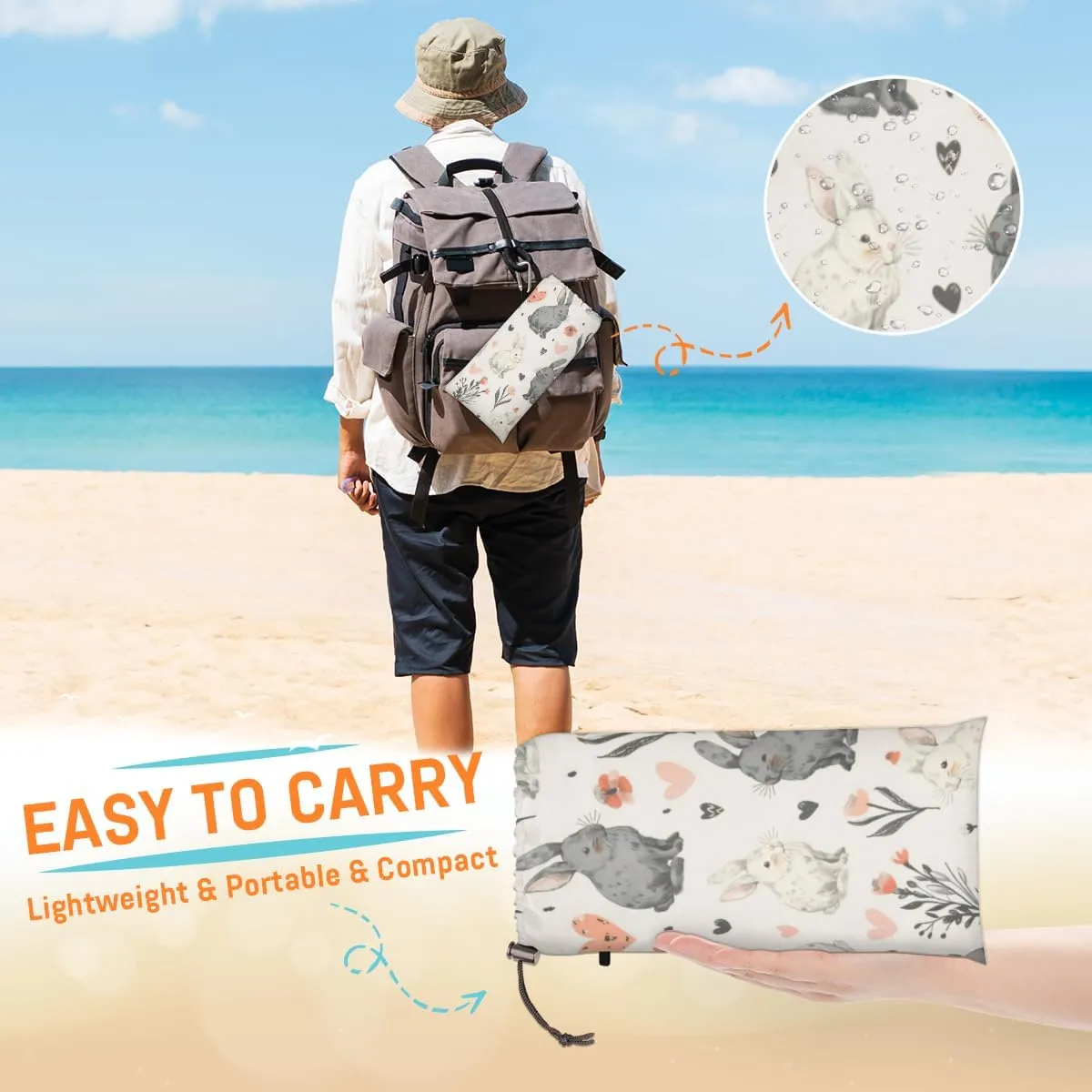 Happy Easter Beach Blanket, Sandproof Beach Mat, Adults Waterproof Quick Drying Sand Free Mat with 4 x Ground Spikes for Outdoor Travel Camping Hiking, Easter Cute Bunny Rabbit